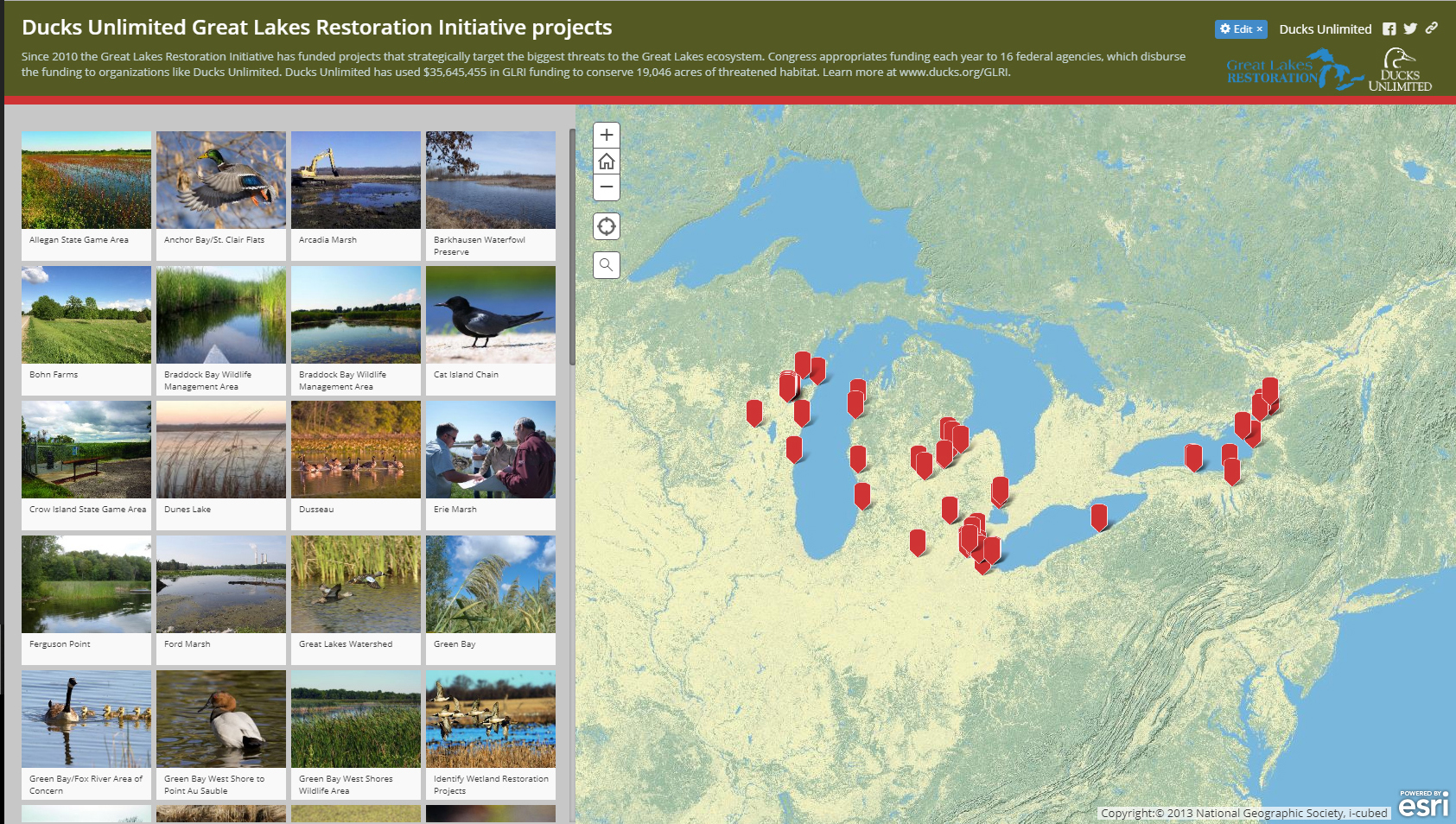 Ducks Unlimited Great Lakes Restoration Initiative projects landmark map